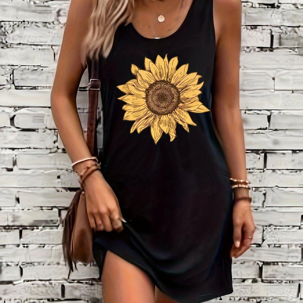 

Women s summer loose and comfortable casual cross sunflower pattern print black sleeveless vest skirt punk style dress XL