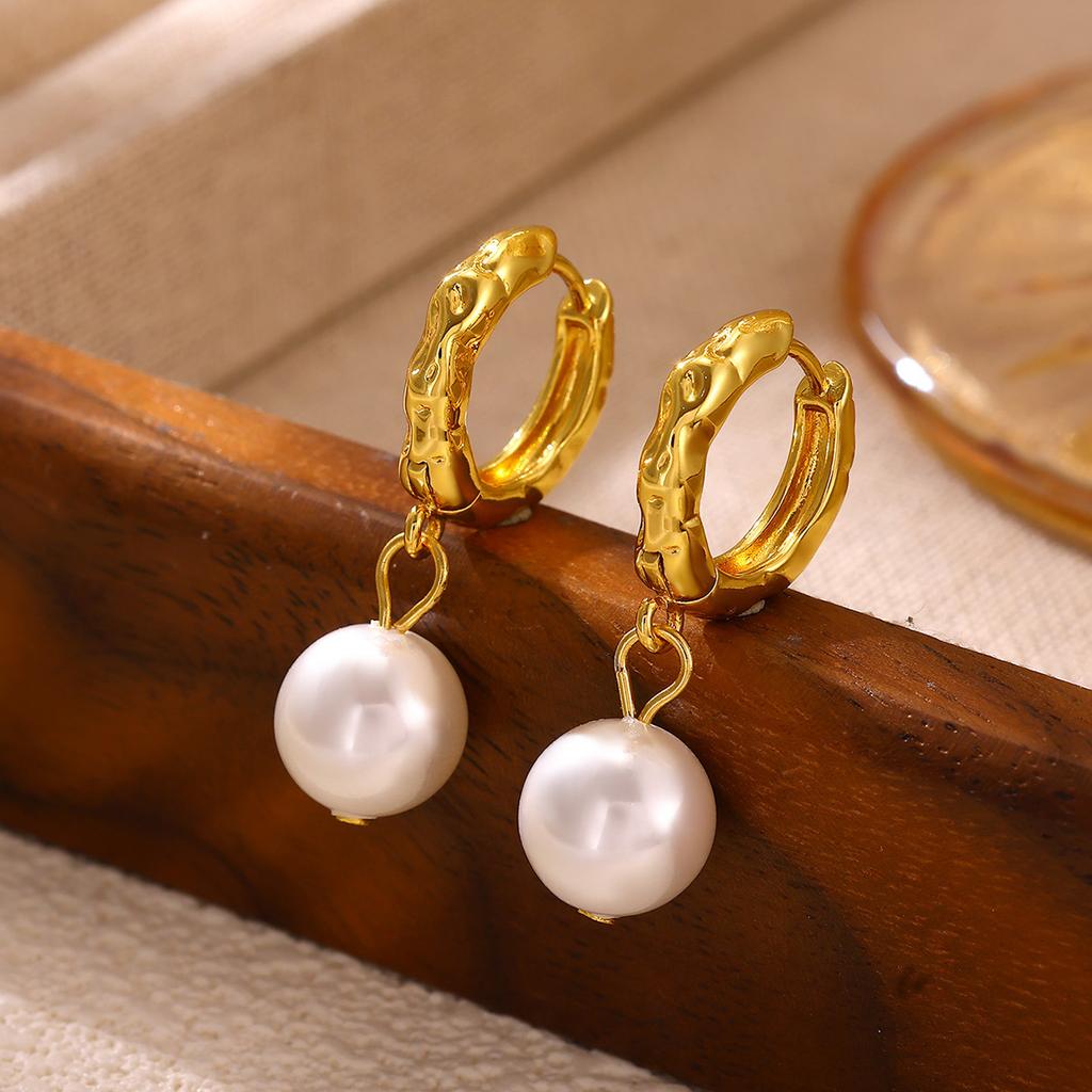 Gold Color Pearl & Heart Drop Earrings For Women Irregular Textured Huggie Hoop Earring Waterproof Elegant Jewelry Party Gifts