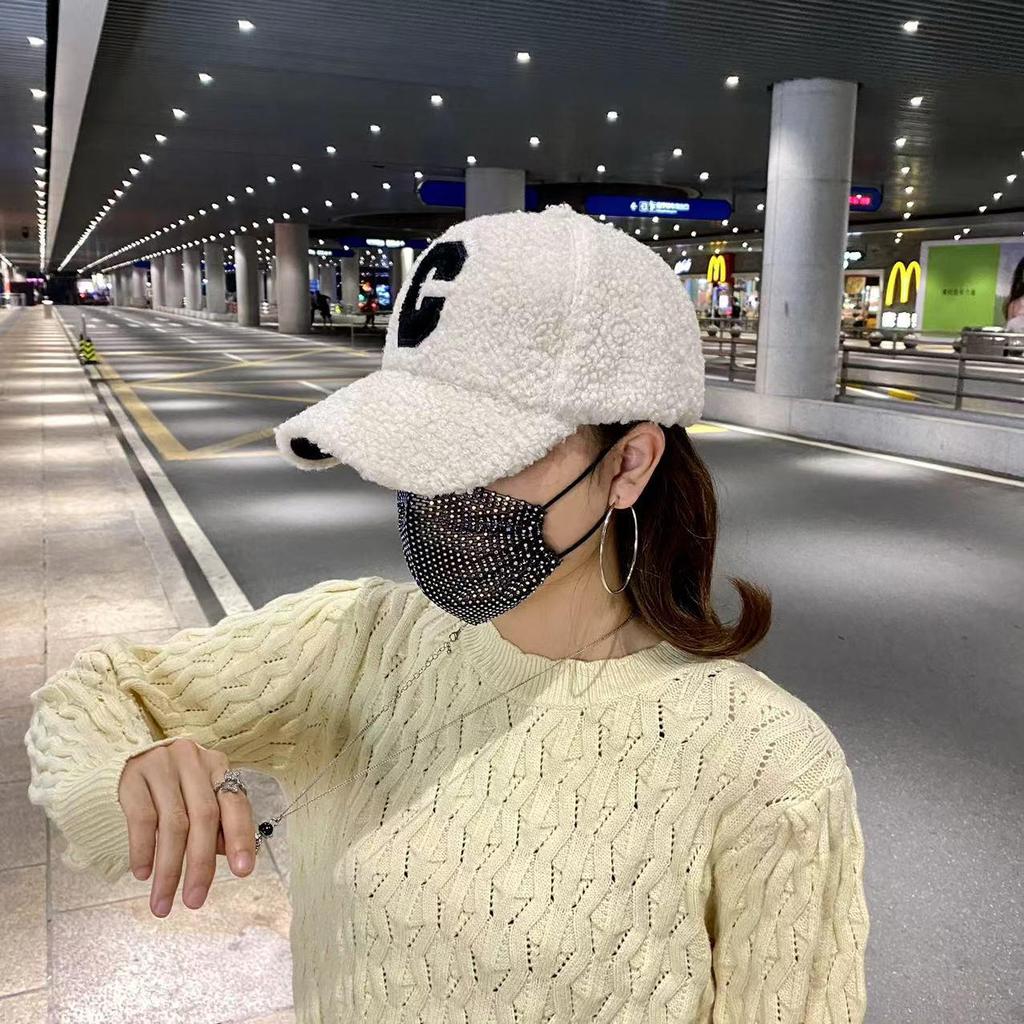 Women's Winter Lamb Wool Baseball Cap with Embroidered 'C', Duckbill Brim, Korean Style