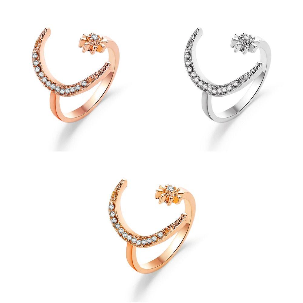 Korean Style Star Moon Opening Rings Rhinestone Crescent Moon Ring Personality Couple Ring  Couple