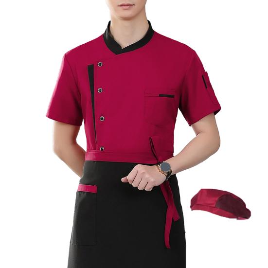 Chef Uniform Apron Hat Set Stand Collar Short Sleeve Chef Apparel with Multi-Pocket Design Patchwork Color Kitchen Staff Clothing