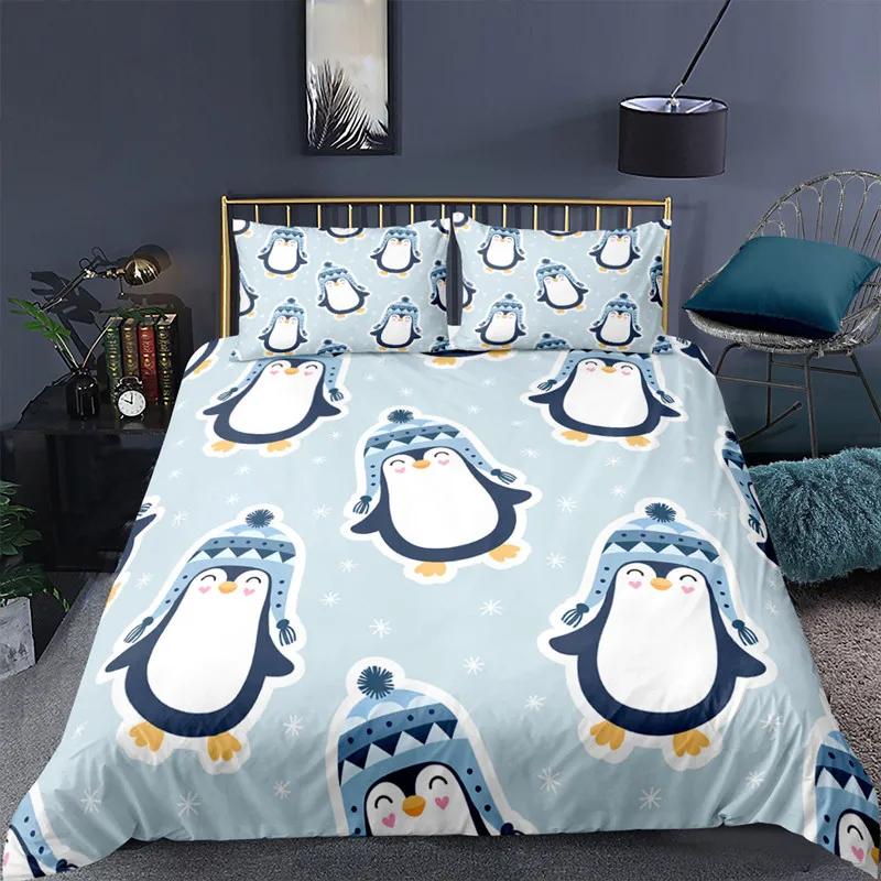 Cartoon Penguin Bedding Set Full King for Girls Boys Kids Room Dorm Funny Animal Printed Comforter Cover Penguins Bedding Set