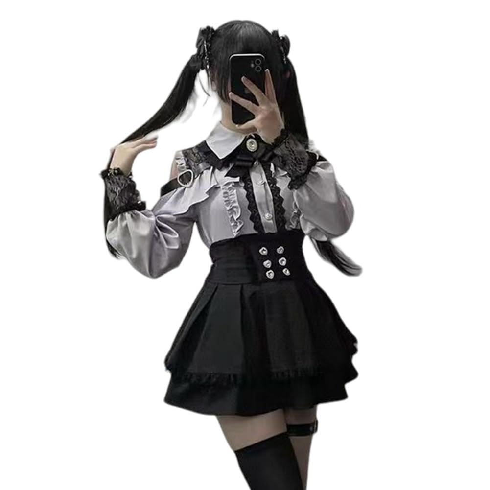 Long Sleeve Shirt Set with Ruffle and Mori Girl Top with Detachable Lolita Harajuku Clothing for and Winter Gray [Yhsuoxfd] Women's Set, 2-Piece