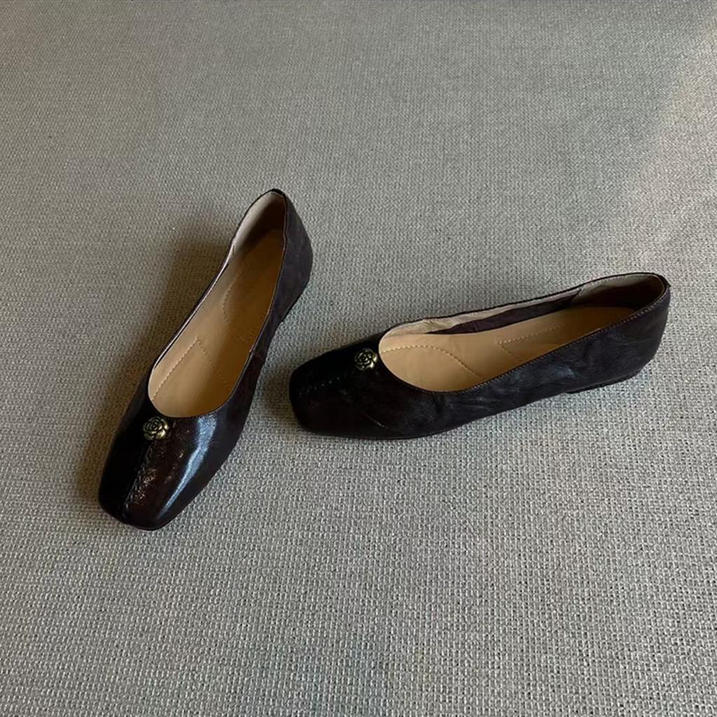 Sheepskin Version Camellia Flat-soled Single Shoes Women's Genuine Leather Retro Temperament Evening Shoes Soft-soled Grandma Shoes