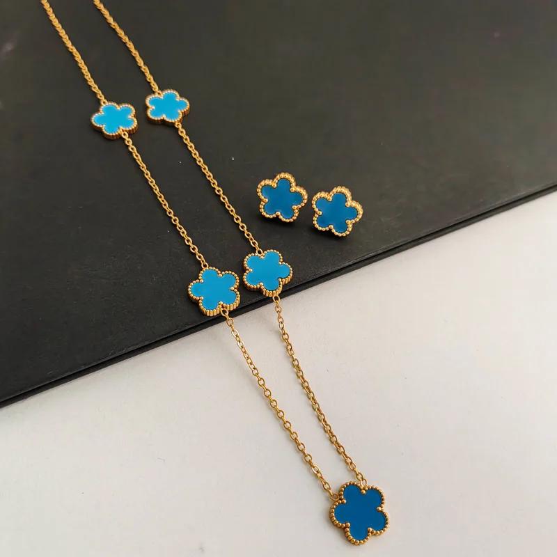 Double-sided Plant  Flower Necklace Earrings Zircon Set for Women Stainless Steel Water Proof Clover Zircon Gifts