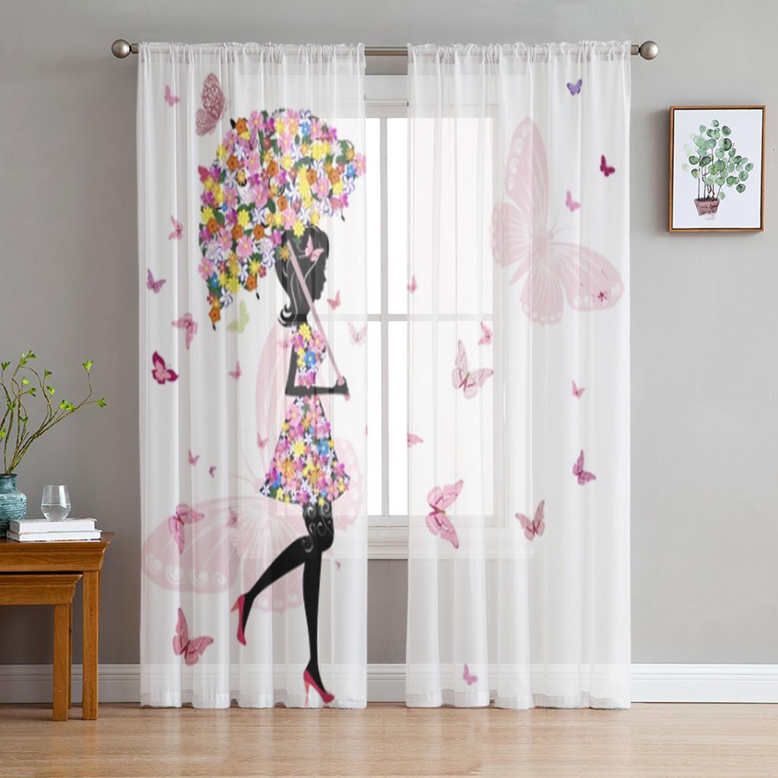 

Forest Fairy Flower Butterfly Girl Tulle Drapes for Living Room Bedroom Space Decor Chiffon Translucent Voile Kitchen Area Window Opening Drape 1 PCS W100XH250cm&Rod Pocket
