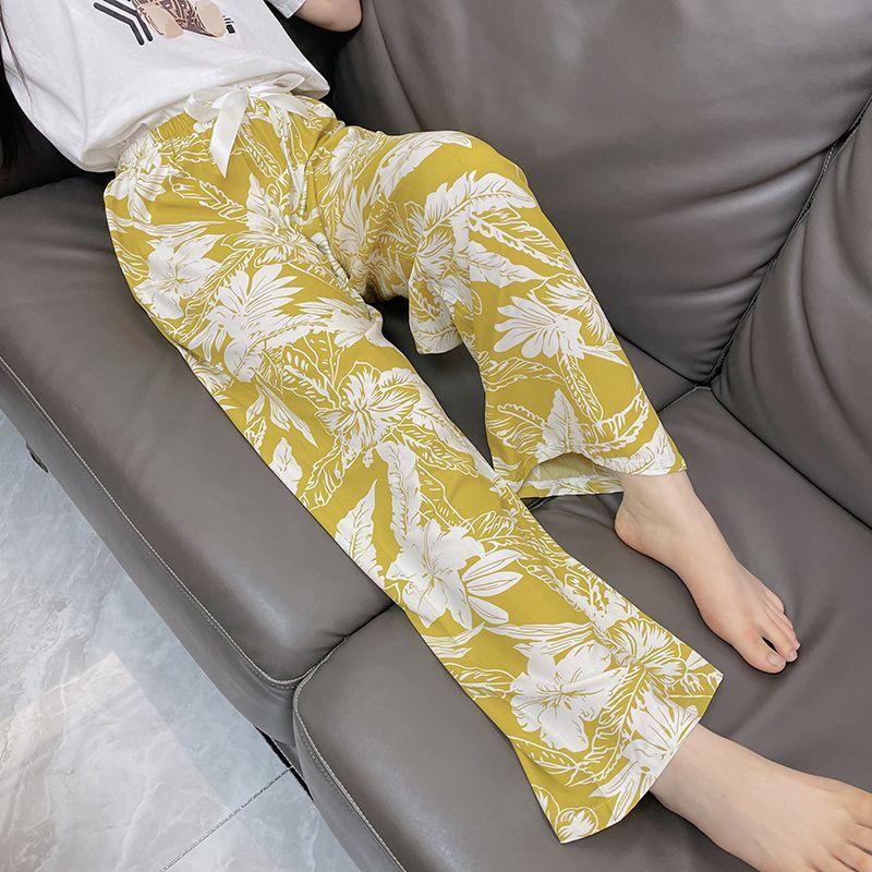 Summer Women's Cotton Rayon Ankle-Length Lounge Pants Thin Loose Fit AC Homewear with Elastic Waist