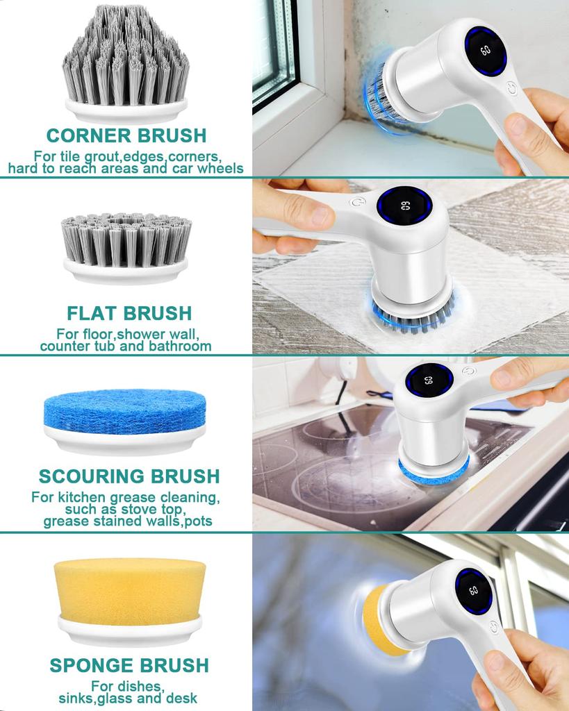 Elektrischer Spin Scrubber, Power Scrubber Kabelloser Elektrischer Duschschrubber mit Digitalanzeige und 5 Austauschbaren Köpfen, 2 Einstellbare Geschwindigkeiten