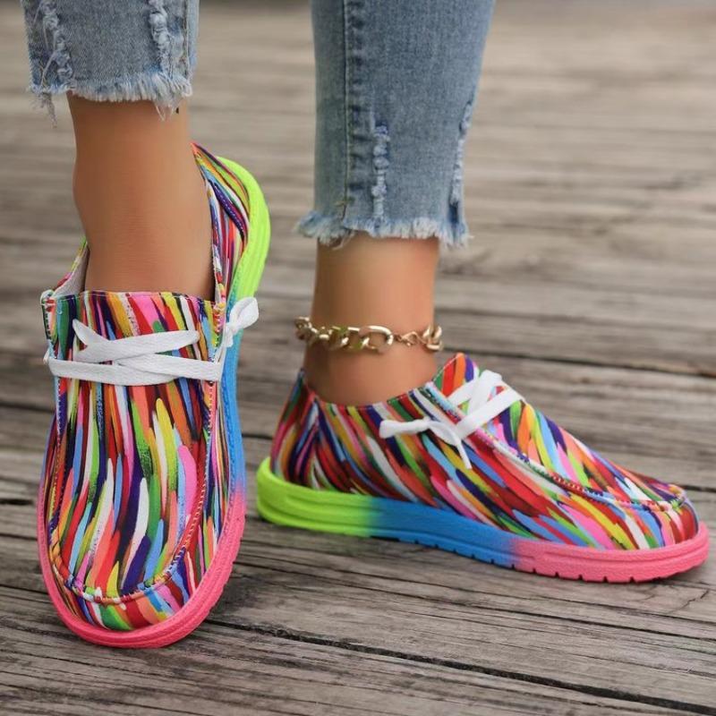2025 New Plus Size Lace-up Colorful Low Top Shoes Women's Graffiti Lazy Canvas Flat Shoes