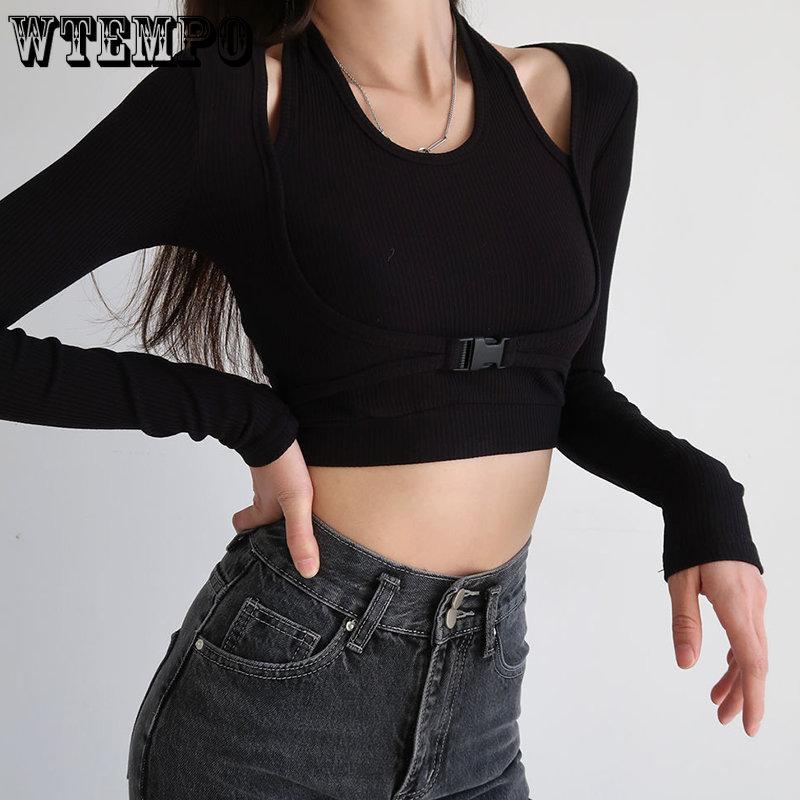 WTEMPO Topuri decupate tricotate, false, din două piese, pentru femei, ocazional, subțiri, cămăși cu mânecă lungă, îmbrăcăminte de club, îmbrăcăminte de stradă