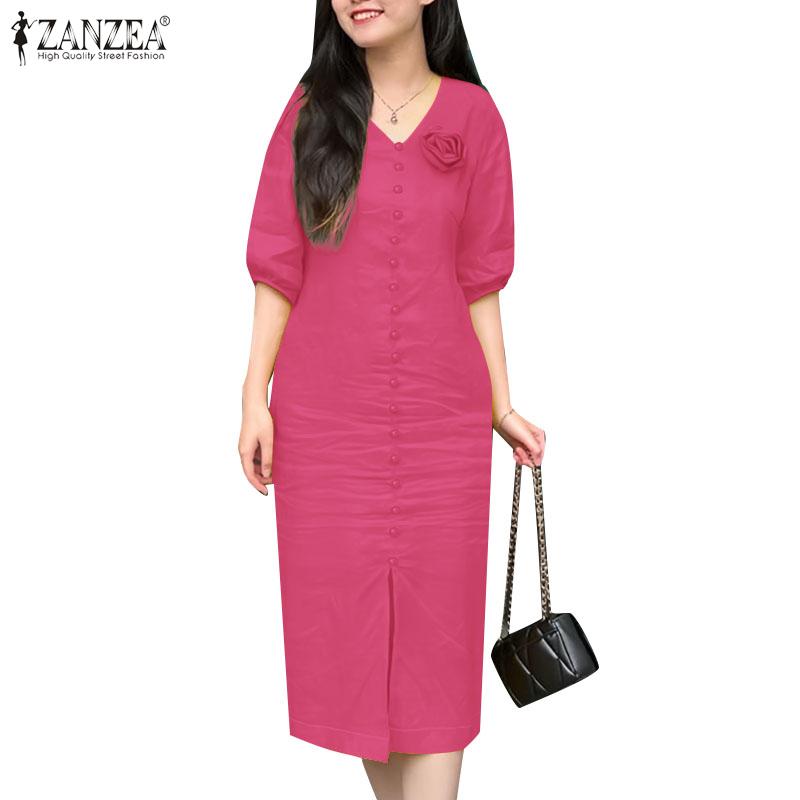 ZANZEA Women Casual V-Neck Loose Summer Half Sleeve Dress