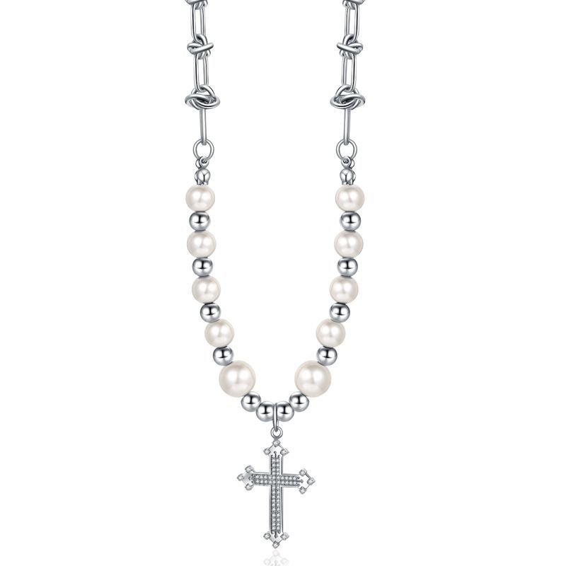 

Модное ожерелье с кулоном в виде креста из титановой стали для стильных женщин, украшенное красивой жемчужиной и сверкающими элементами серебряный