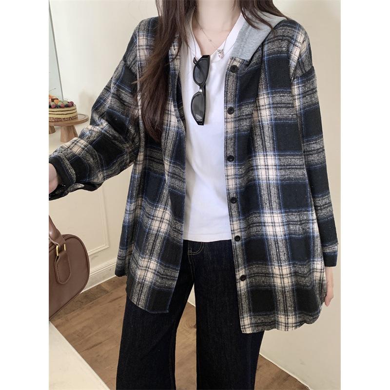 The real shot is not reduced, plaid retro shirt jacket autumn lazy cardigan design sense loose, hooded top