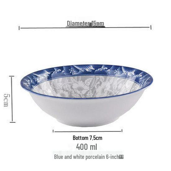 4-Piece 8-Inch Ceramic Noodle Bowls: Underglaze Blue and White Porcelain Conical Soup Bowls, Household Tableware.