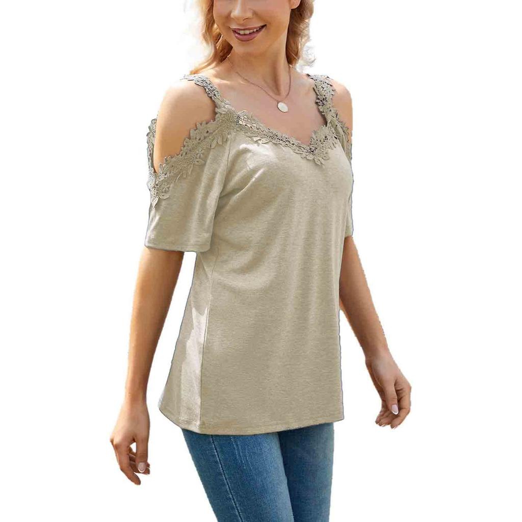 Women's Fashion V-Neck Splicing Lace Suspenders Hollow Loose Short-Sleeved Tops