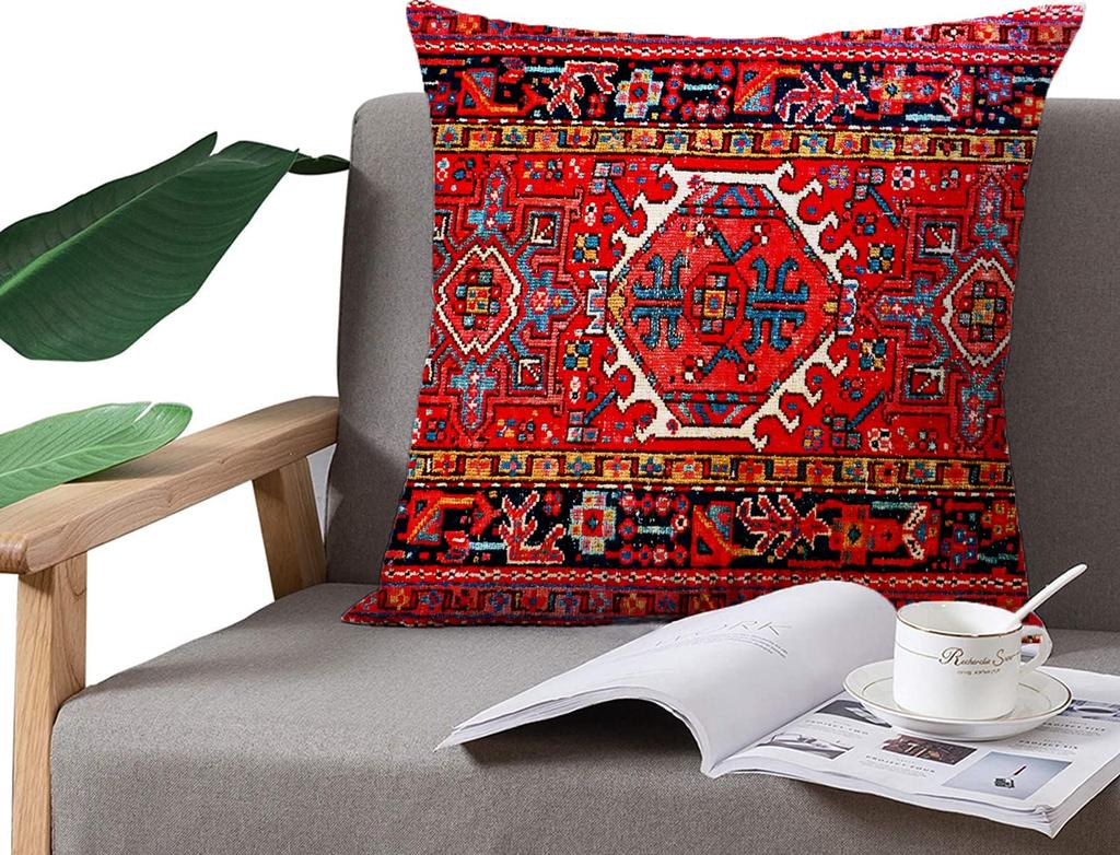 1Pc Red Persian Kilim Cushion Cover, Oriental Bohemian Rug Print Throw Pillow Case For Home Sofa Bedroom Decor
