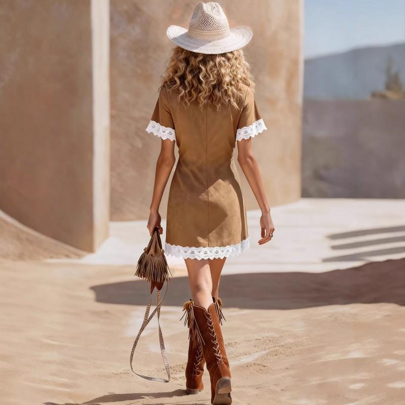 Retro Suede Lace Dress V-Neck Short Sleeve Fitted Waist Tie Western Style Mini A-Line