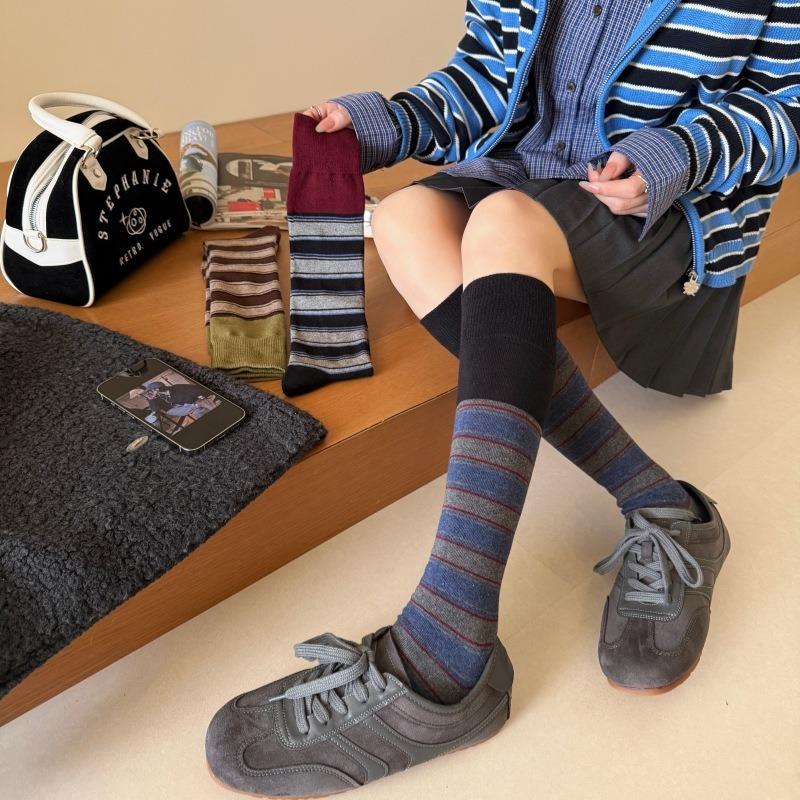 Color-block socks for women, autumn/winter vintage color-blocked striped calf socks, INS trendy Melard long leg cuff socks