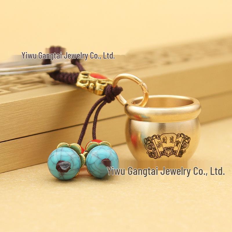 Brass Mini Blessings Jar Keychain with Five Emperors Coins, Green Bead, Rice Jar Pendant, and Rope