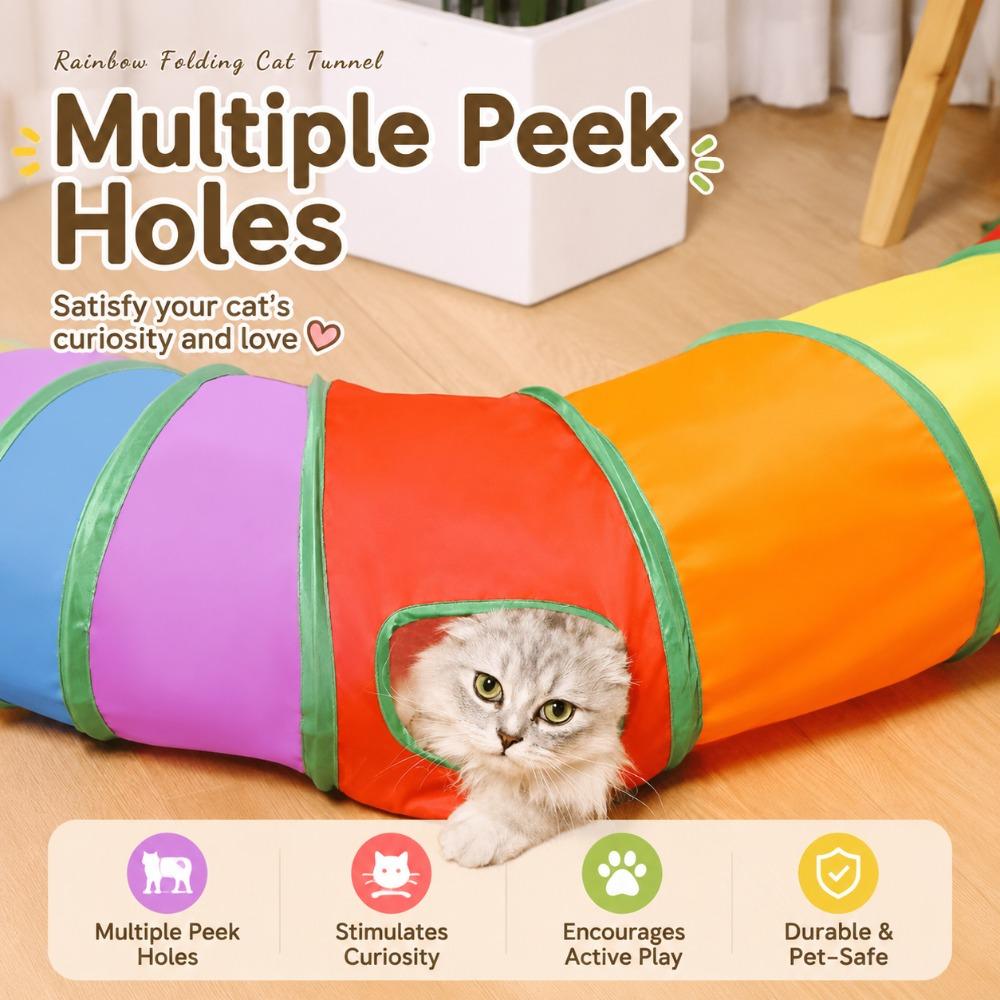 Rainbow Cat Tunnel Toy Folding Pet Play Tubes with Crinkle Paper & Bell Ball for Indoor Cats Rabbits Small Animals S I Y Shape
