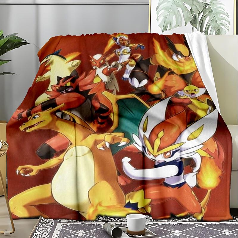 Fire Type Pokemon Team Flannel Fleece Blanket, Soft Warm Anime Monster Throw Blanket for Home, Cinderace Gift