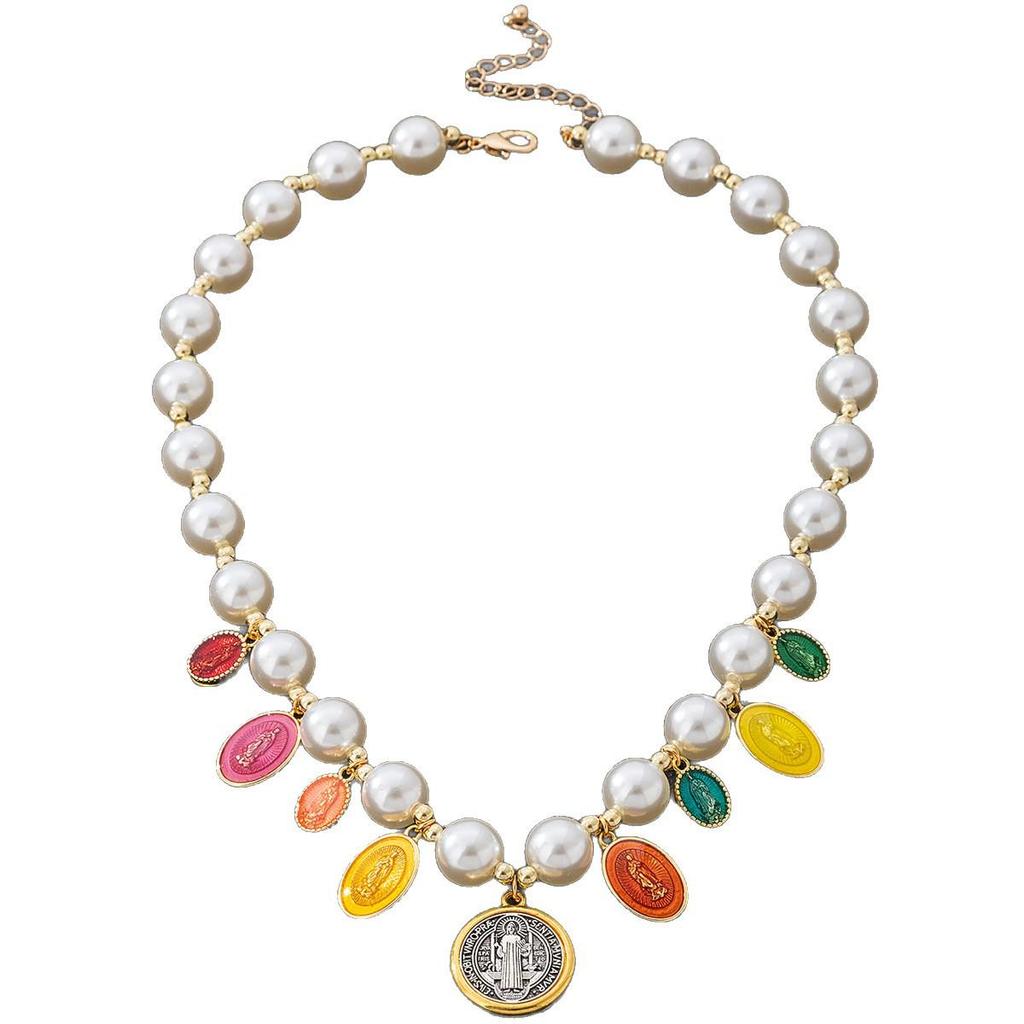 Vintage Religious Gold-Plated Pearl & Colorful Virgin Mary Pendant Necklace