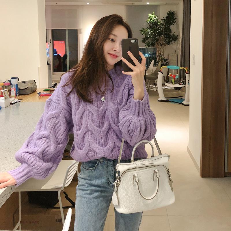 Women's Lantern Sleeve Cable Knit Cardigan - Autumn/Winter Korean Loose Style Sweater