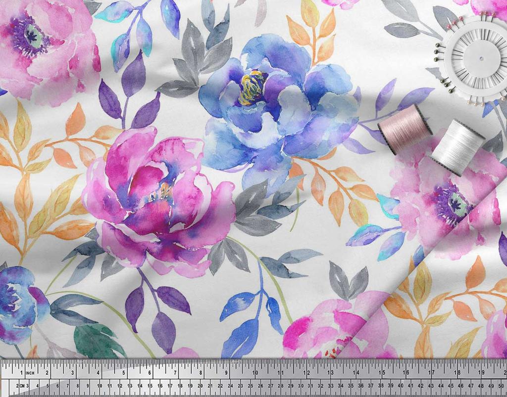 Soimoi Japan Crepe Satin Fabric Leaves & Peony Flower Print Fabric by the Metre 42 Inch