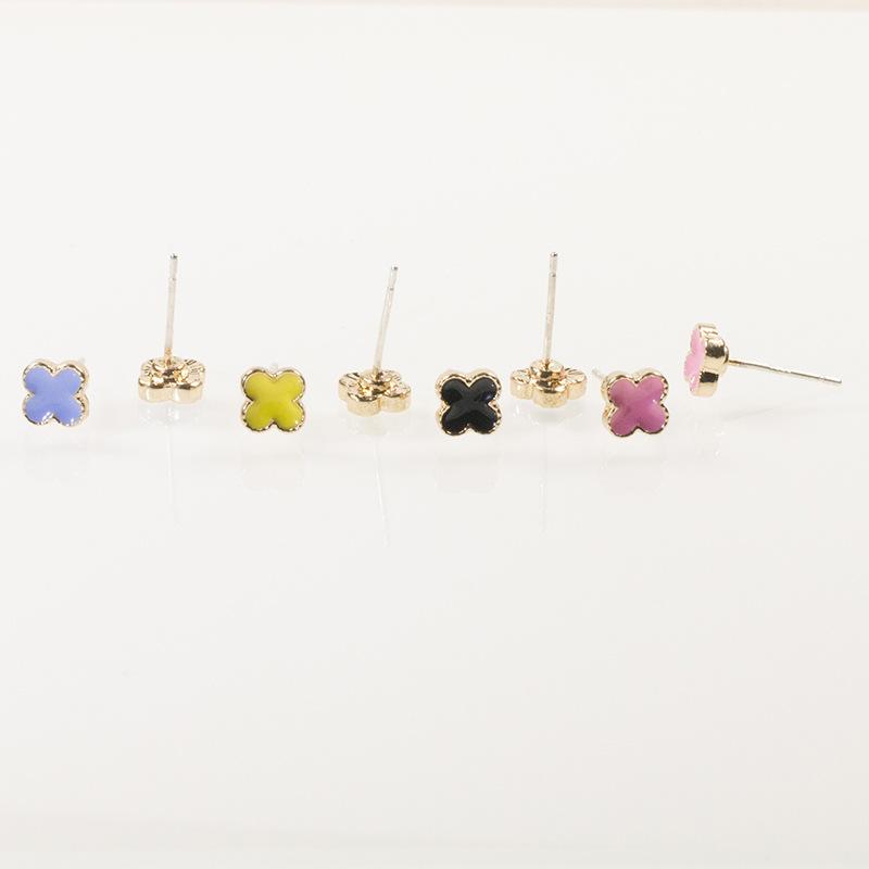 S925 Silver Needle Exquisite Versatile Dripping Oil Four Leaf Clover Combination Set Earrings Women's Personality Fashion Simple Small Earrings