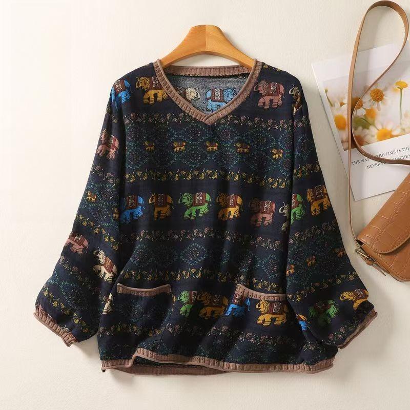 Maglia a maniche lunghe con scollo a V in cotone e lino stile nazionale retrò da donna, maglione a maniche lunghe sottile e ampio per la primavera e l'autunno
