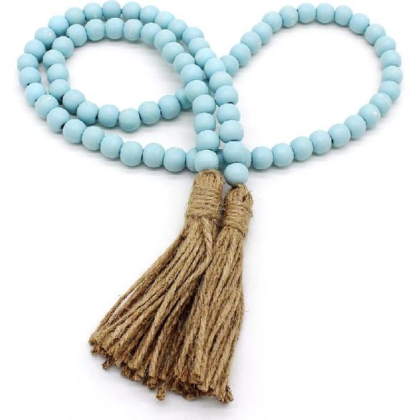 CVHOMEDECO. Wood Beads Garland with Tassels Farmhouse Rustic Wooden Prayer Bead String Wall Hanging Accent for Home Festival Decor. Mix Distressed