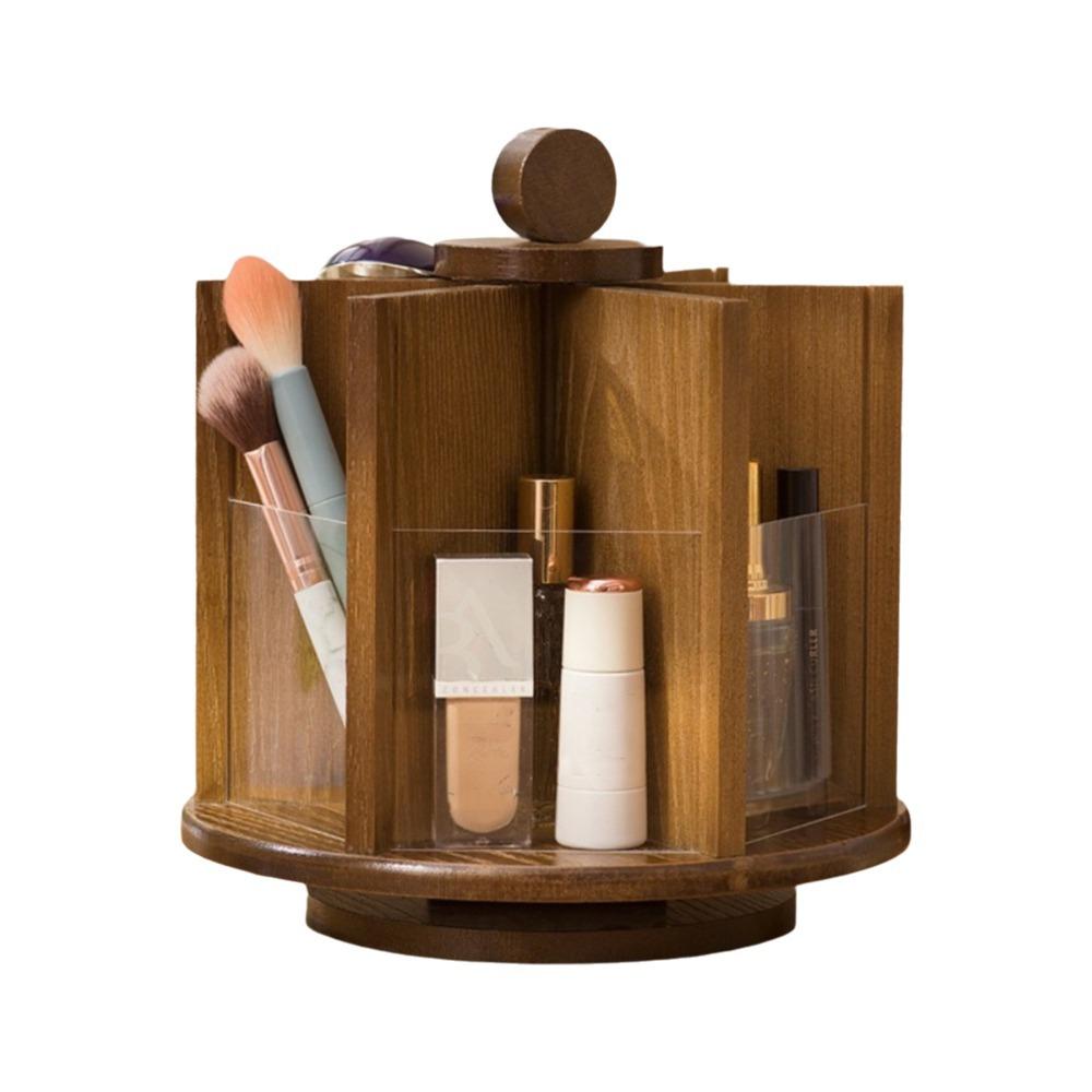 Multi-Compartment Rotating Cosmetic Storage Box Bamboo Makeup Organizer for Bedroom