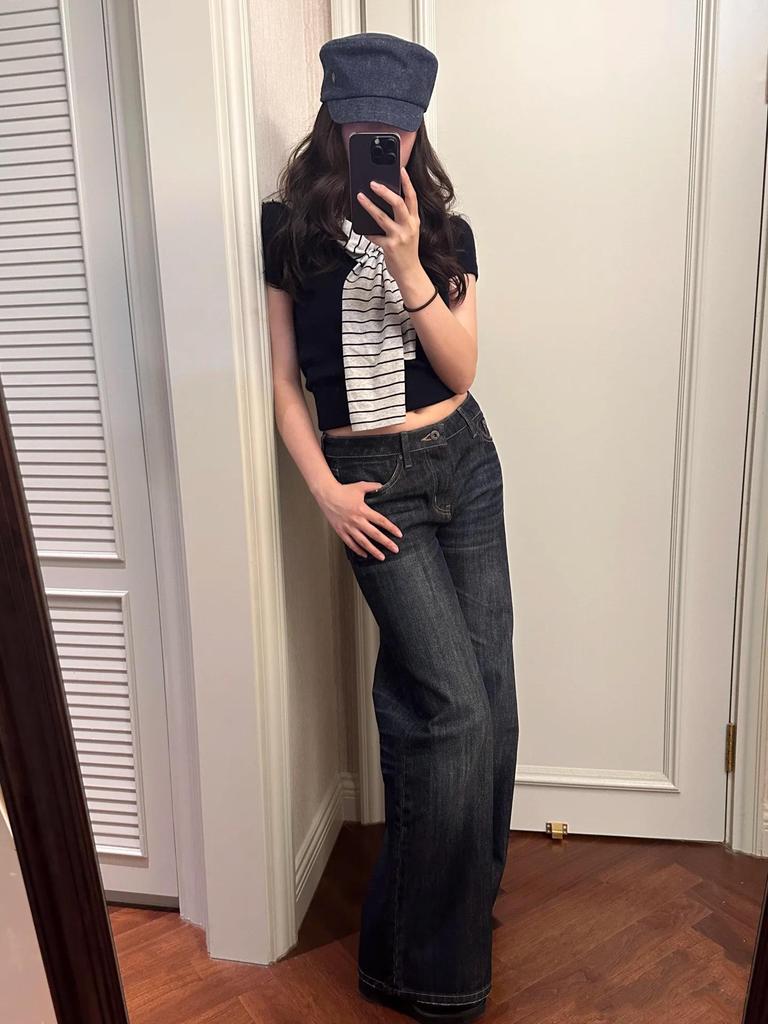 Retro Dark Blue Low Waist Wide Leg Straight Jeans for Women - Slim and Long 005L