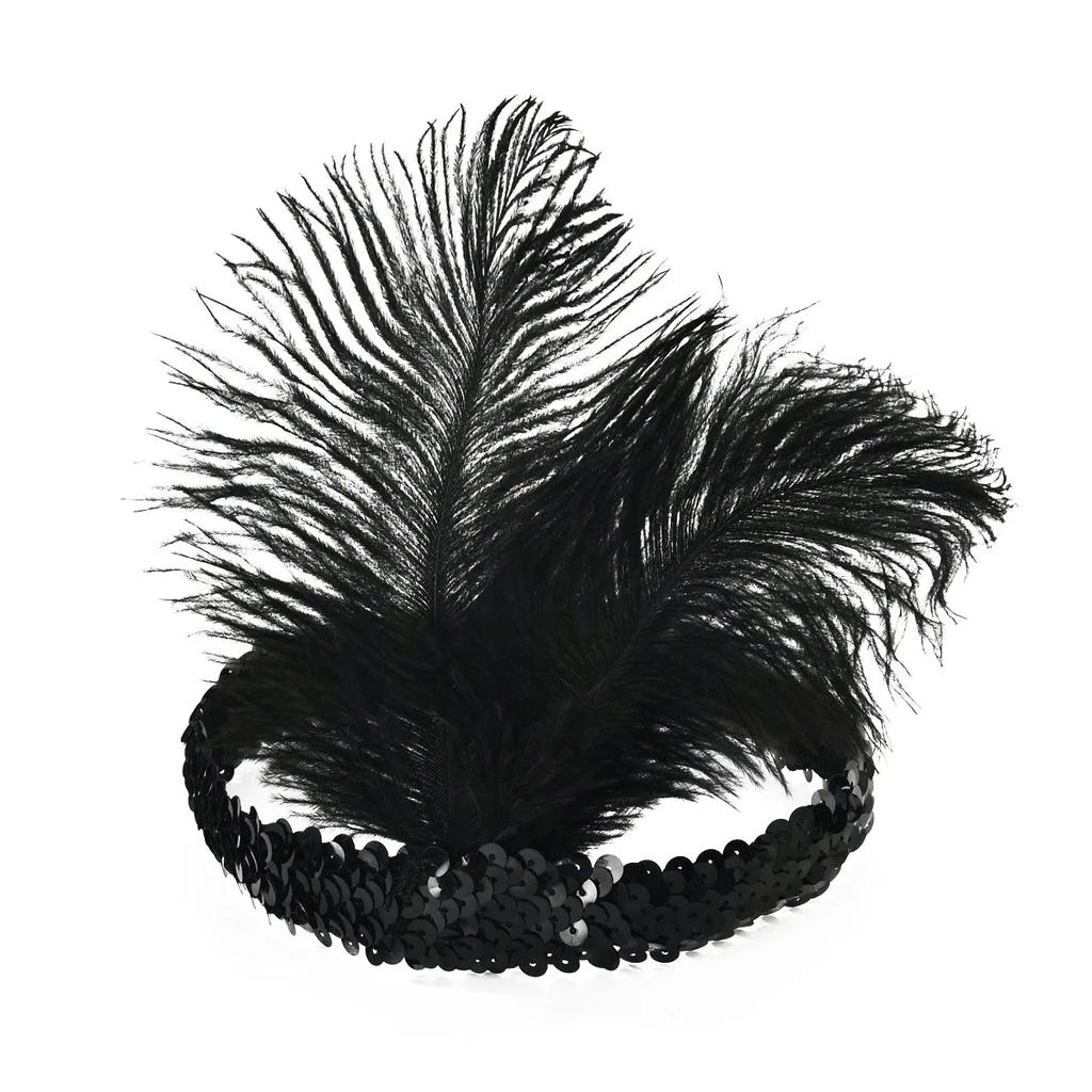 Women's Black Hair Accessories Beaded Sequin Hair Band 1920s Retro Gatsby Single Party Ladies Headwear Dress UP Feather Headband