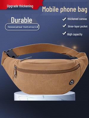 Men's Outdoor Canvas Waist Bag - Solid Color, Multi-Compartment, Wear-Resistant, Three Layers, Ideal for Cycling & Sports.