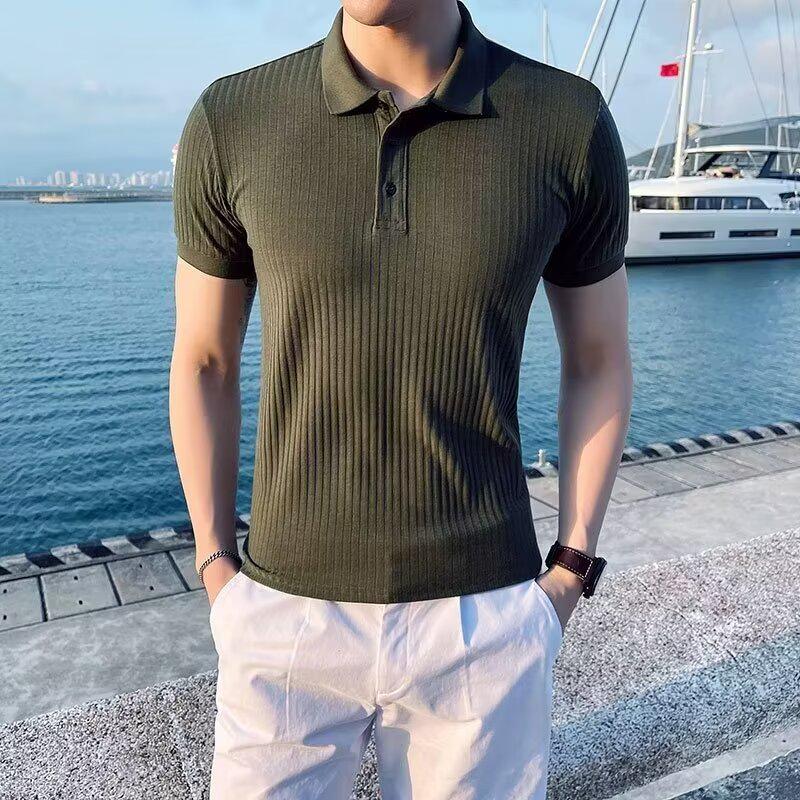 Polo da Uomo alla Moda Stile Coreano Testurizzata - Tinta Unita, Maglia a Coste, Manica Corta