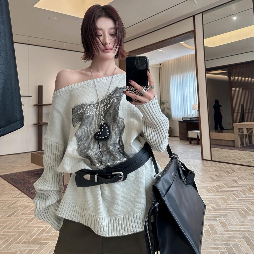 

Dimanaf 2025 Свитеры Осень Пуловер Женщины Принт O-образный вырез Свитеры Вязание Свободный свитер One Size