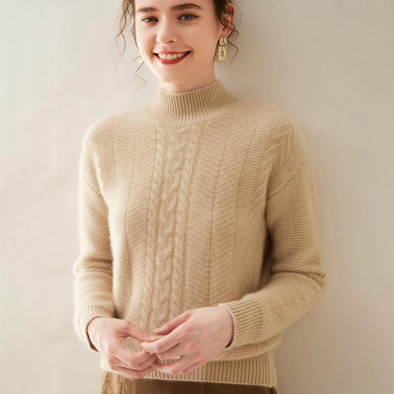 Women's Three-Strand Thickened Cashmere Cable Knit Sweater - Half-High Collar, Long Sleeve, Autumn Winter Pullover.