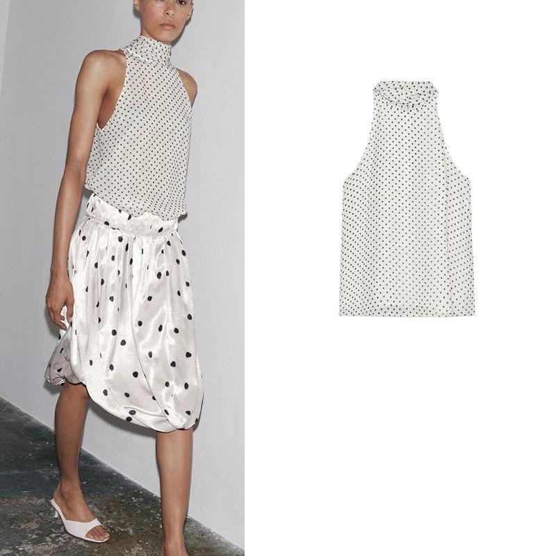 Summer New Women clothes French style Design Scarf Decoration Polka Dot Hanging Collar Straight Top 5289046