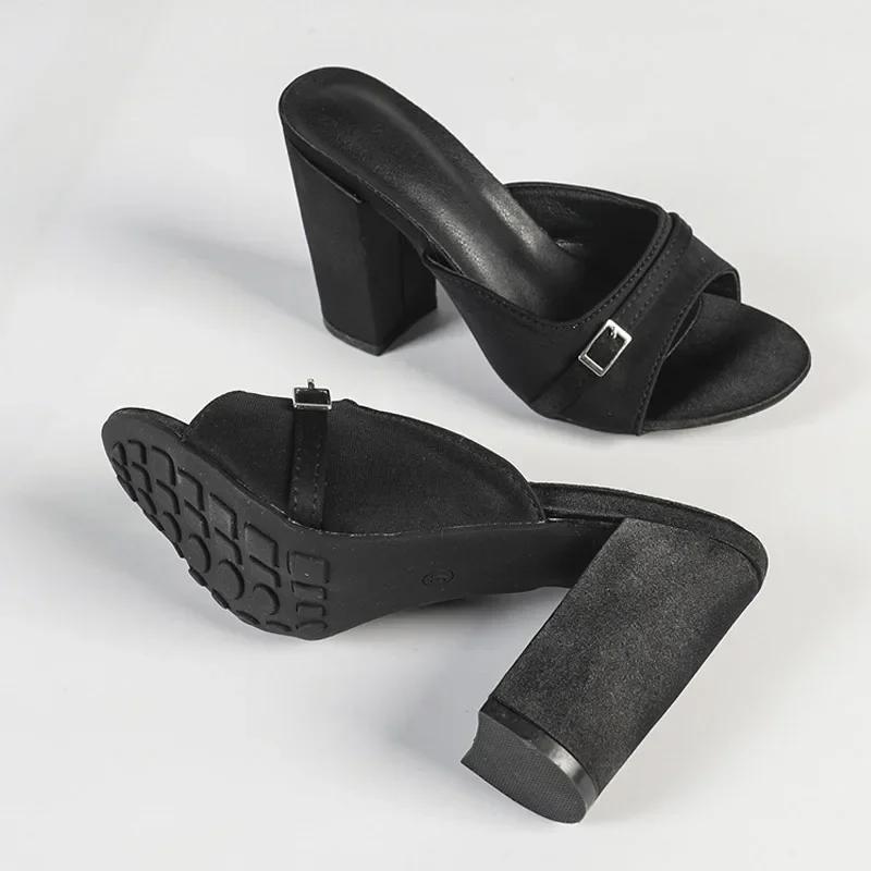 Fashion Chunky High Heel Slippers Women Sexy Open Toe Slide Sandals 2025 Summer Elegant Green Satin Non Slip Platform High Heels