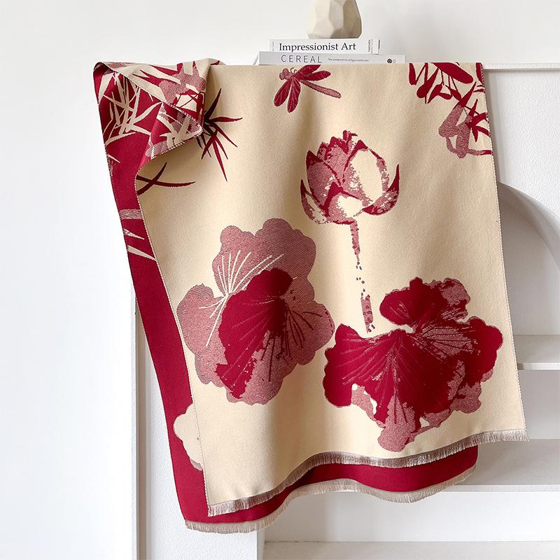 Guochao ink and wash wind contrasting colors double-sided imitation cashmere scarf winter high-end warm shawl