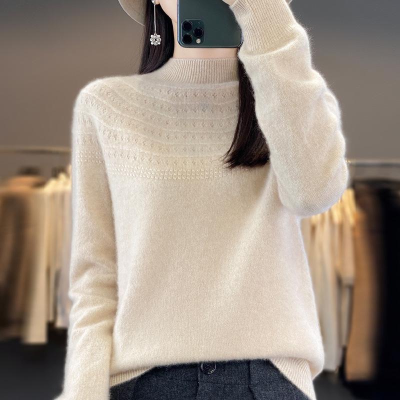 

One-line Ready-to-wear Half-high Neck Hollow Cardigan for Women In Autumn and Winter New Loose and Versatile Warm Wool Knitted Base Shirt XXL