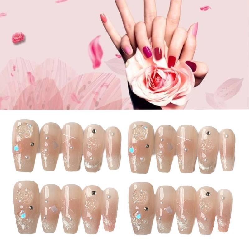 Handmade Long Floral Nail Stickers In Pure Desire Style For Ladies Xs S M L