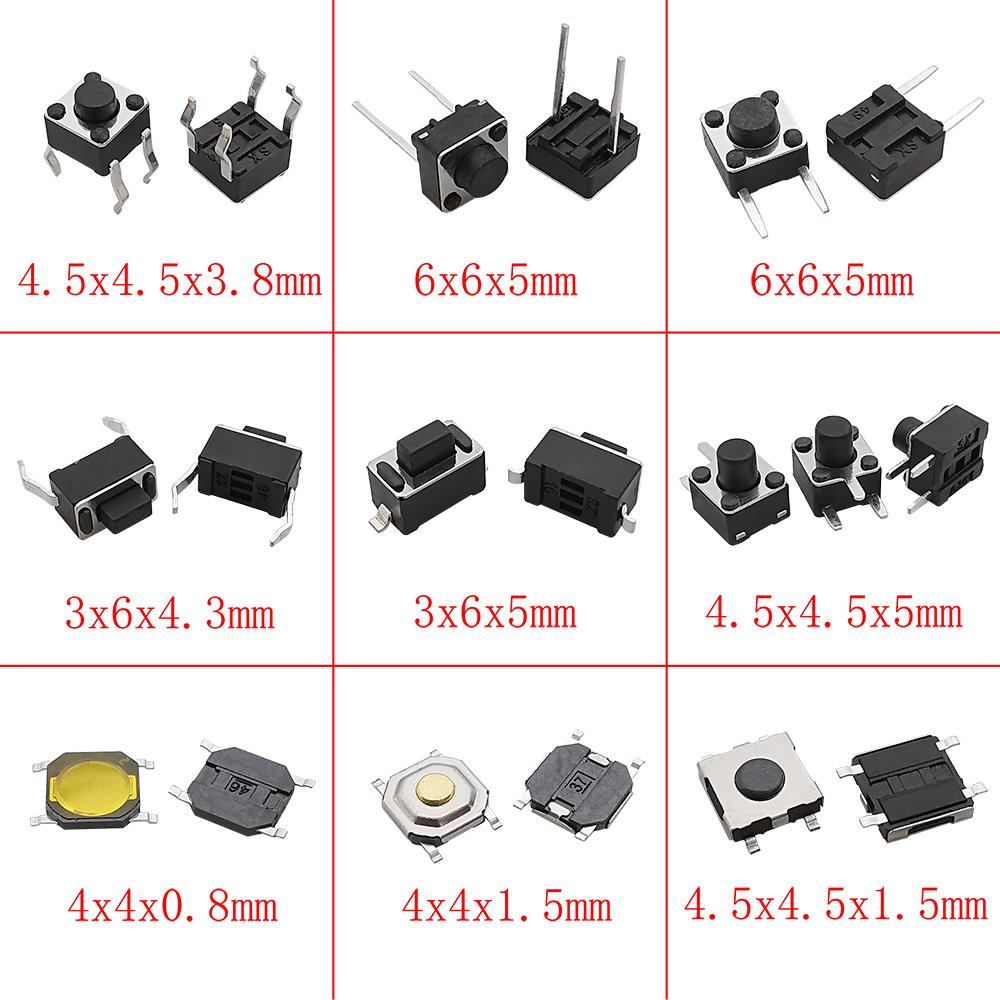 125Pcs 25 Types SMD DIP Micro Tact Push Button Switch Assorted Kit 2*4 3*6 4*4 6*6 12*12 Reset Mini Leaf Switches for Arduino Pushbutton Switches 3