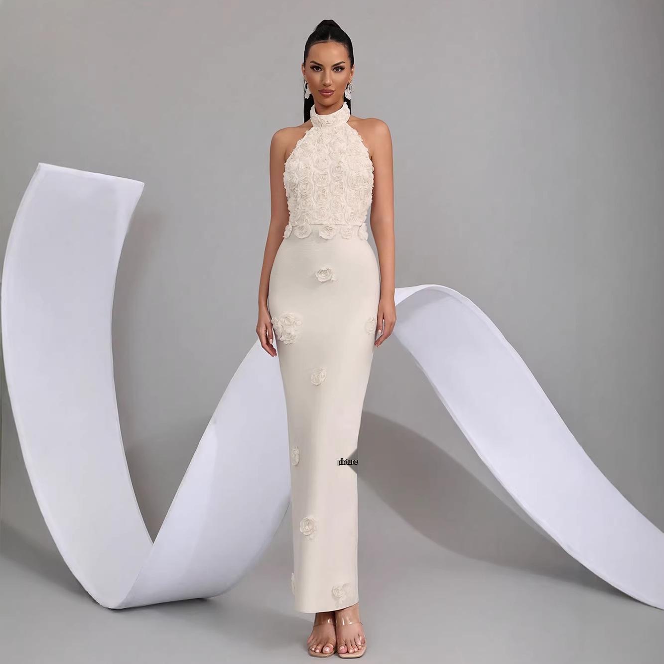 

European & American Sexy Halter 3D Flower Bandage Evening Gown M