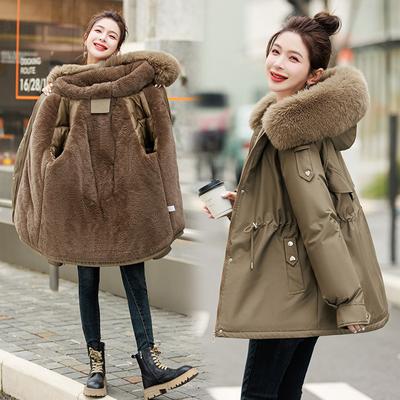 Pie Overcome Baumwollgefütterte Winterkleidung Neue Daunen-Baumwollgefütterte Kleidung Damen Mittlere und lange koreanische Version Lose Große Größe Baumwollgefütterte Jacke