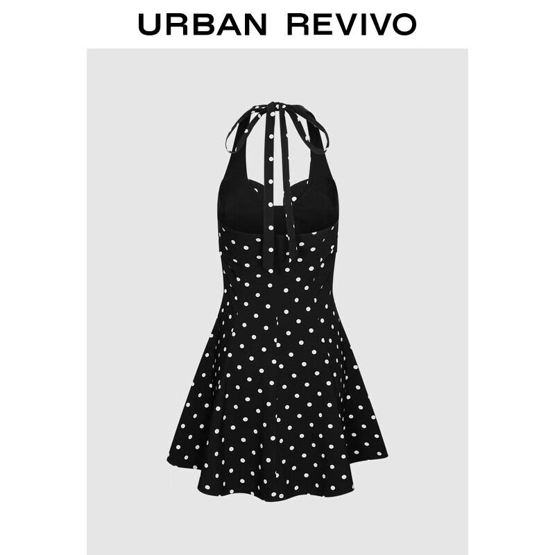 UR Polka Dot Halter Neck Tie-Waist Slim Dress XS