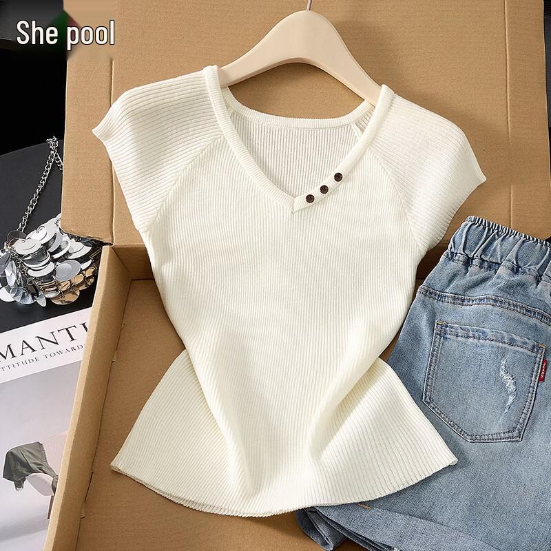 Women s Wool Blend Ice Silk V-Neck Knit T-Shirt S
