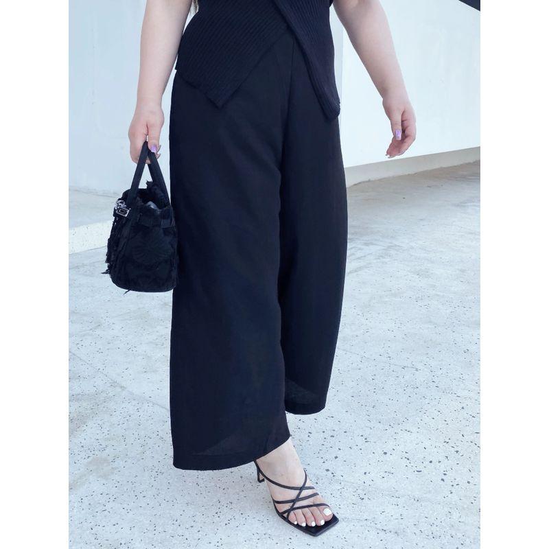 Miss Biggie European and American Plus size Slimming Versatile Comfortable Chiffon Pocket High Waist Capri Straight Wide Leg Pants