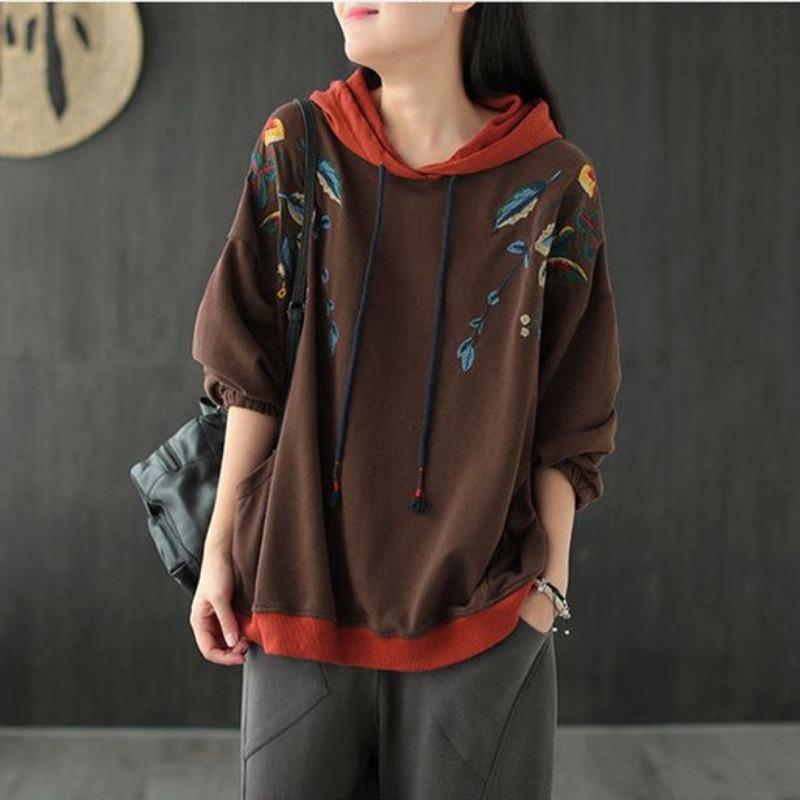 Brown Hoodies Embroidered Female Clothes Hooded Red Sweatshirts for Women Loose Green Baggy Tops Aesthetic Thick